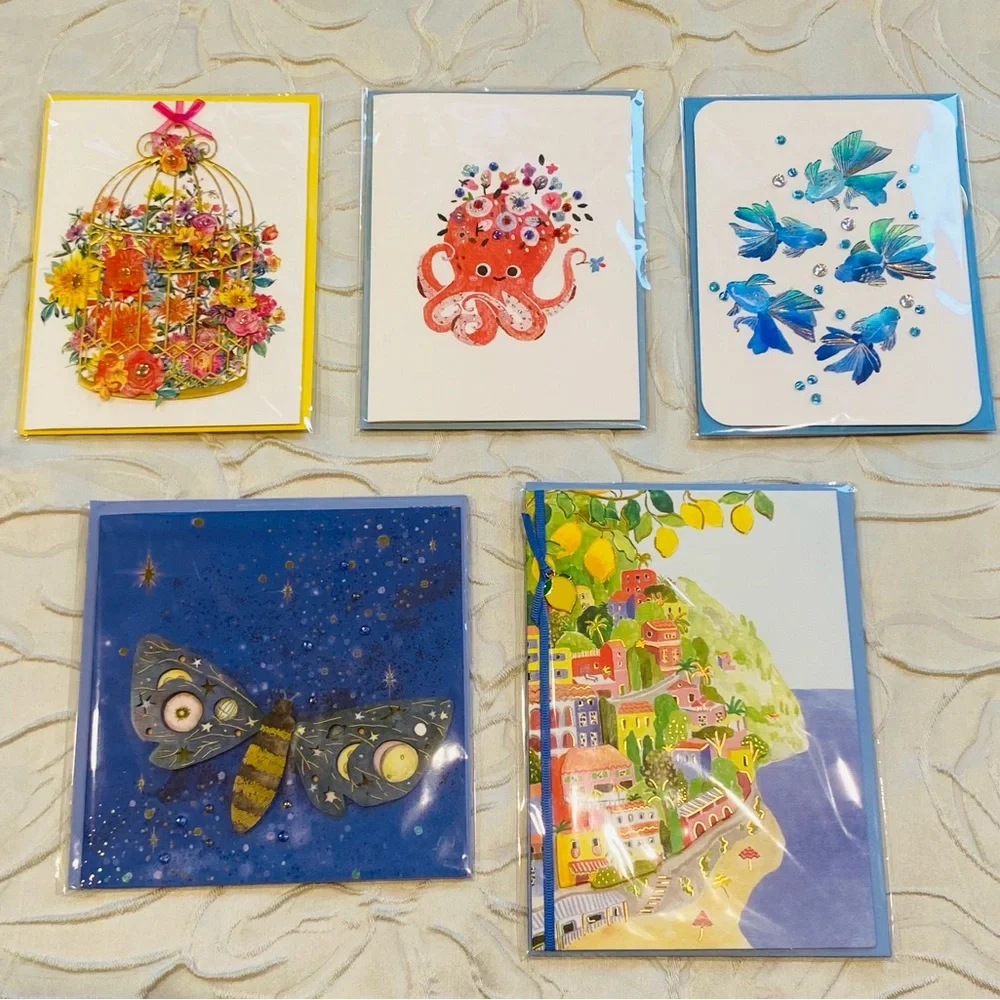 (5) Papyrus Blank Cards Octopus Moth Coastal Fish Birdcage Flowers NWT